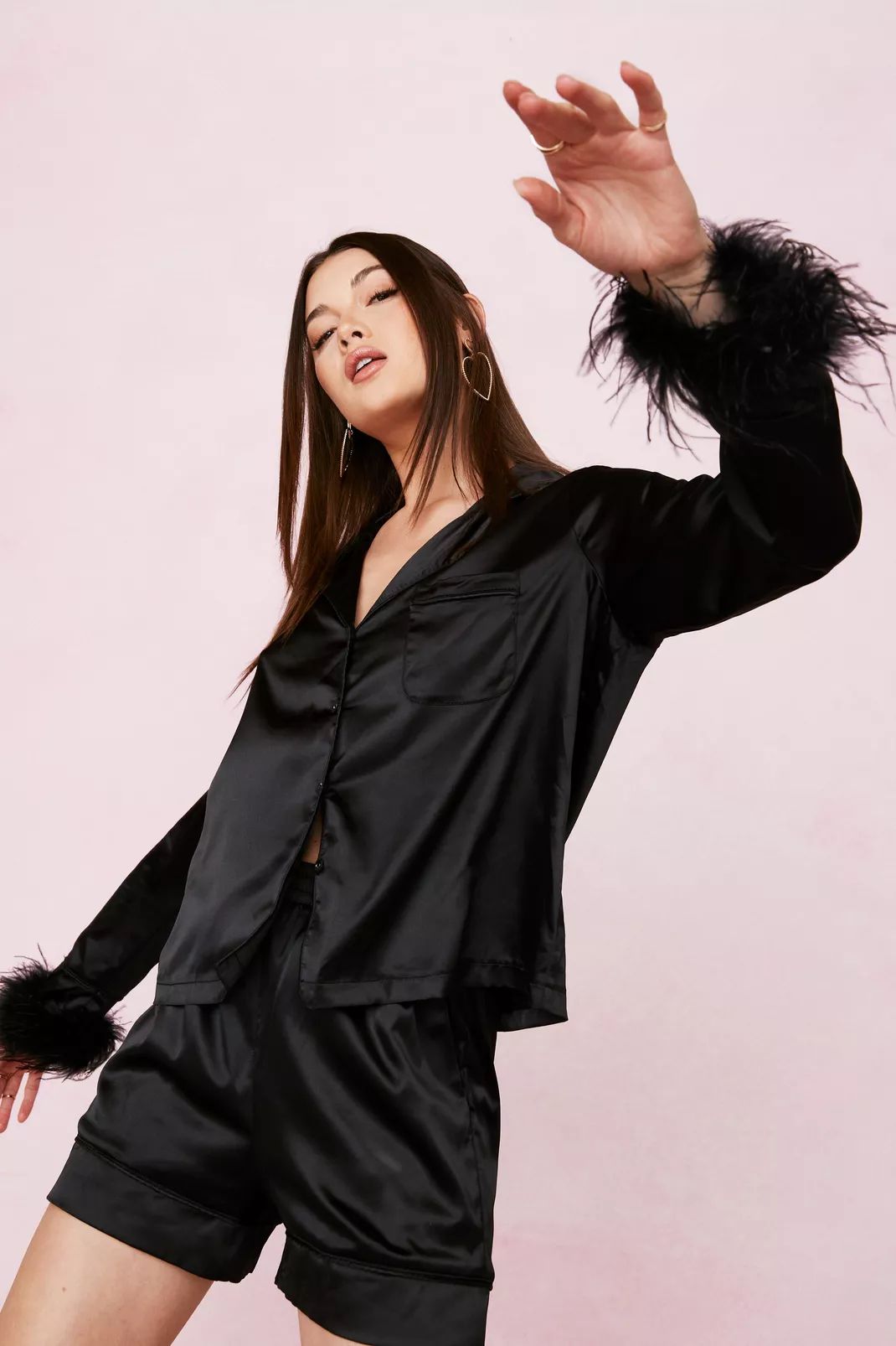 Satin Feather Pajama Shirt and Shorts Set | Nasty Gal (US)