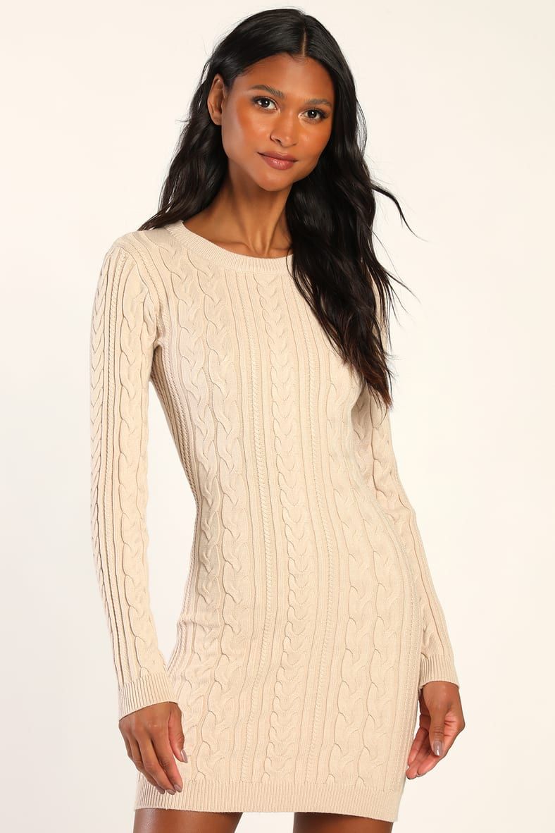 Snuggly Sensation Cream Cable Knit Bodycon Sweater Dress | Lulus (US)
