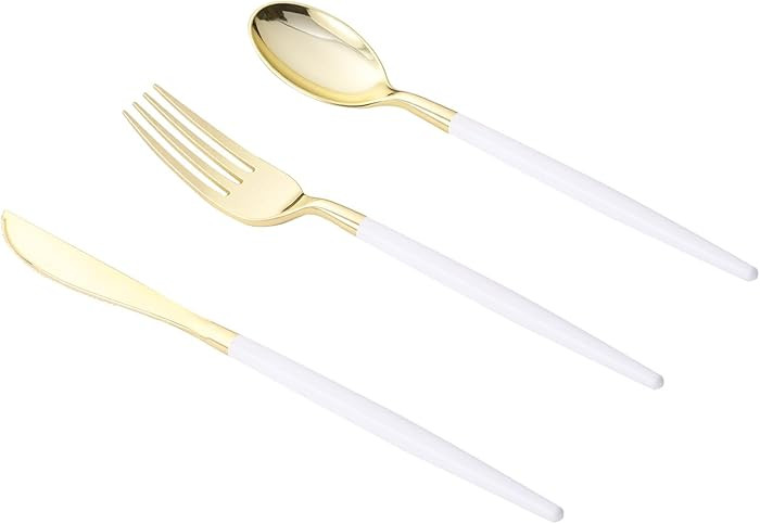 Goodluck 150 PCS White Gold Plastic Silverware Set for 50 Guests,50 Knives, 50 Forks and 50 Spoon... | Amazon (US)