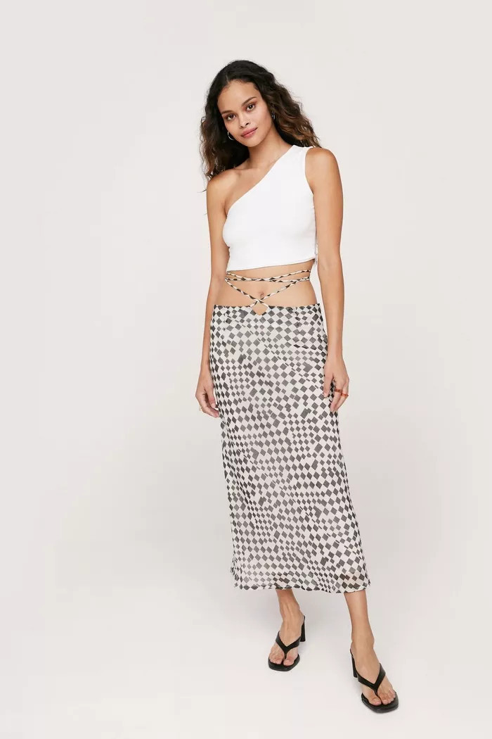 Tie Waist Chequerboard Midi Skirt | Nasty Gal (US)