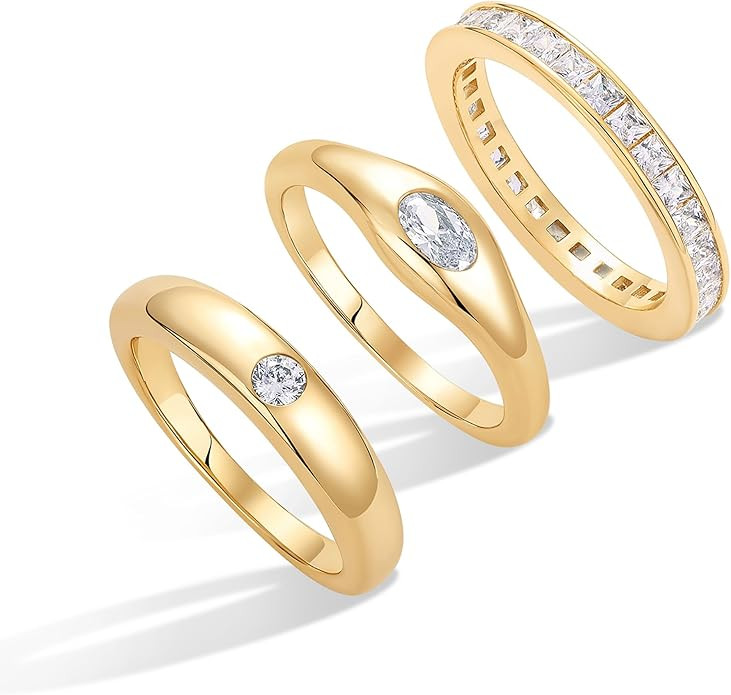 PAVOI 14K Gold Plated Stackable Rings for Women - Dainty Stackable Gold Ring Set of Three with Cu... | Amazon (US)
