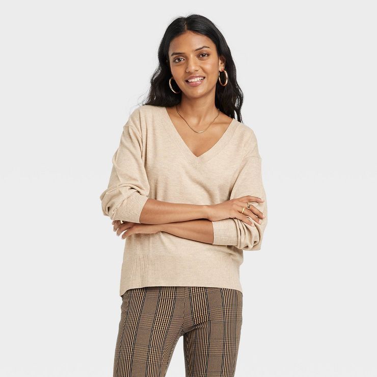 Women&#39;s Fine Gauge V-Neck Sweater - A New Day&#8482; Oatmeal XS | Target