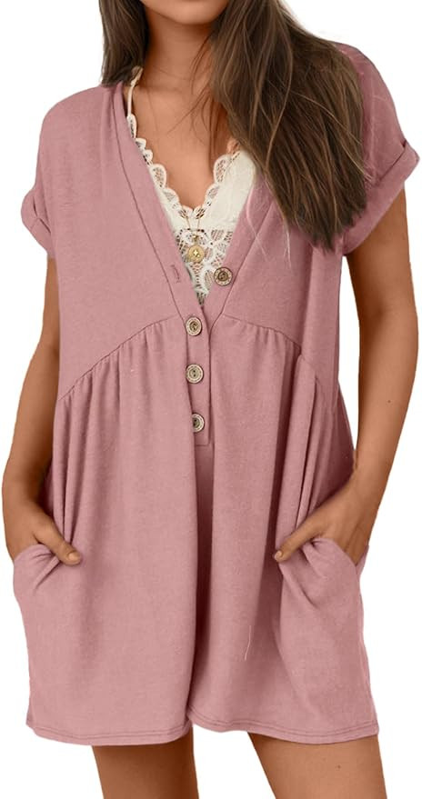Glamaker Women's Summer Short Sleeve Romper Casual V Neck Wide Leg Short Jumpsuit Button Beach Ro... | Amazon (US)