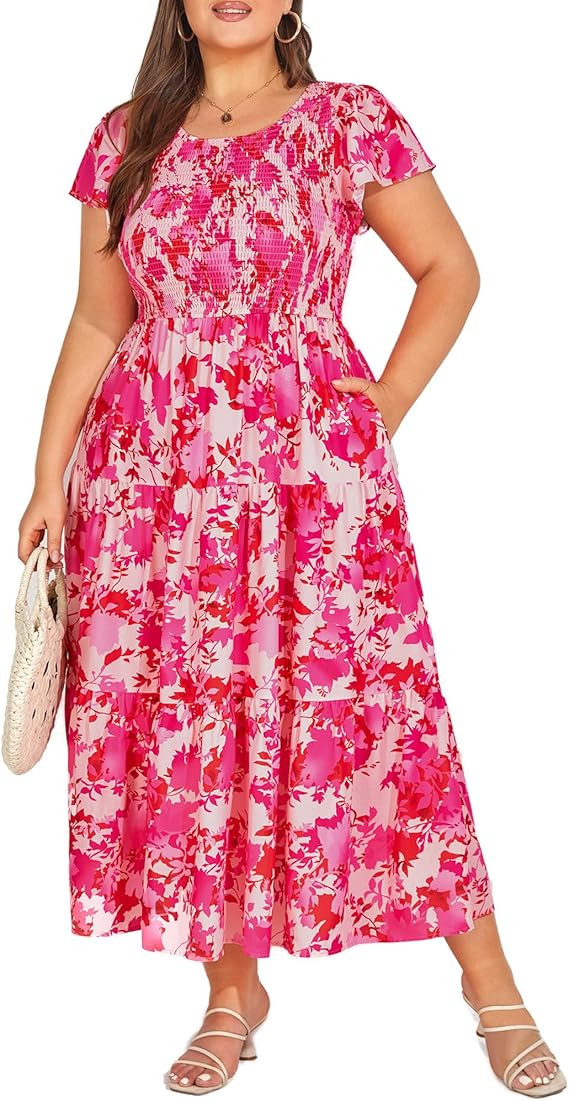 KIMCURVY Women's Plus Size Summer Casual Crew Neck Flutter Short Sleeve Smocked Tiered Maxi Dress... | Amazon (US)