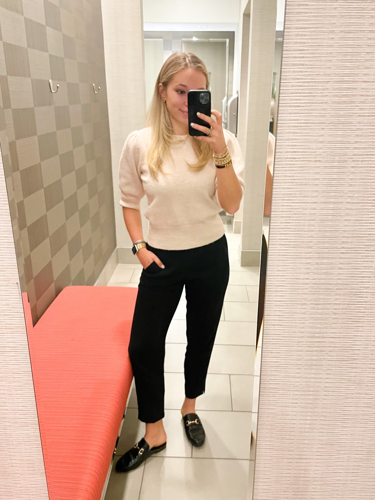 Work outfit today🤍 Look at my next post to find some Sweaters like this one that I am loving right now! This Puff Short Sleeve Sweater is from last fall, and is the perfect weight for fall, winter, and spring! It can be layered under a coat or worn with jeans/jean shorts. 

These pants are my FAVORITE from J Crew on sale 60% off for $34.50. They are so comfortable with an elastic pull on waistband. Shoes are also linked. 

#LTKunder100 #LTKsalealert #LTKfit