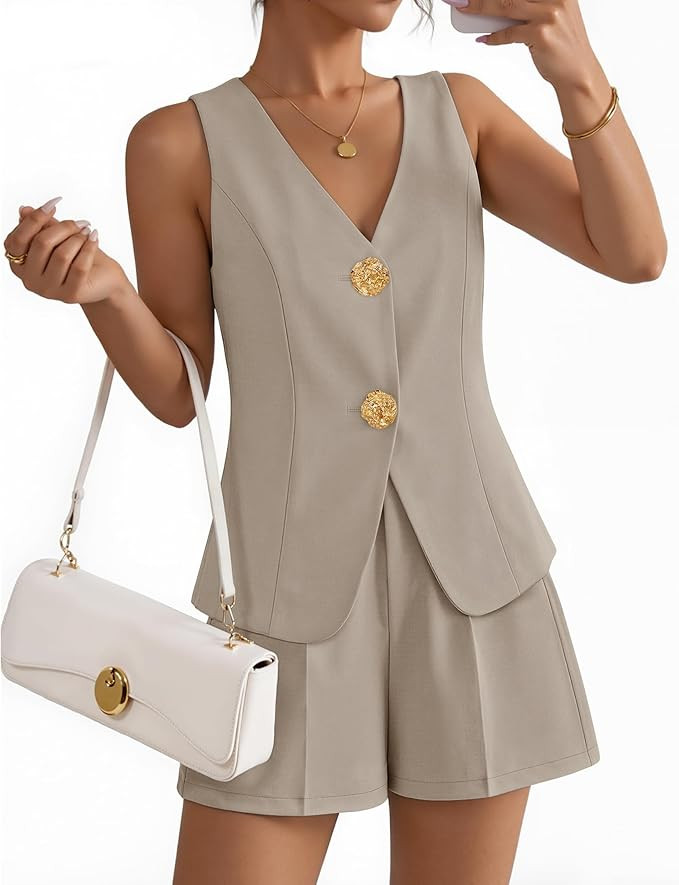 ZESICA Women’s Summer Casual 2 Piece Short Sets 2026 Button Suit Vest Tops Shorts Dressy Busine... | Amazon (US)