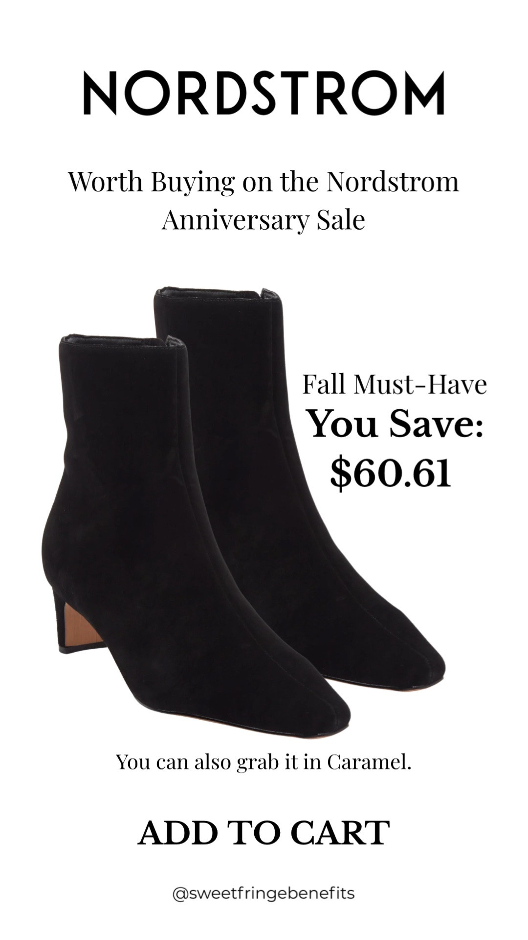 These suede ankle boots are one of the best buys from the Nordstrom Anniversary Sale! A timeless fall staple with a comfortable heel that's easy to wear with jeans, dresses, skirts, and trousers. Available in both black and caramel.

💡 LTK MADE EASY
❤️ Heart = Support my posts!
🔖 Save = Get sale & restock alerts
📋 Lists = Keep favorites organized
📲 Share = Send lists and products to a friend. Hello, Christmas List!
💬 Comment = Ask me anything about what I'm wearing.:-)

#LTKOver40 #LTKSaleAlert #LTKSeasonal