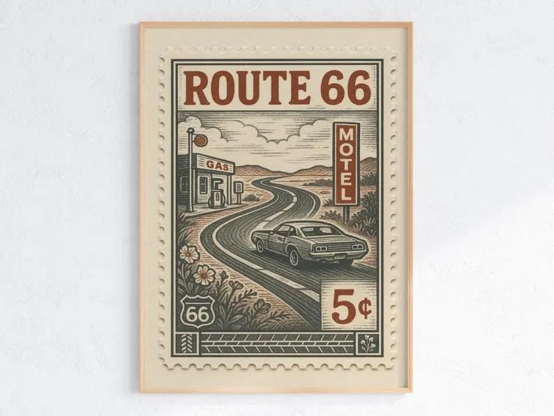 Route 66 Vintage Stamp Poster – Retro American Road Trip Art Print – Classic Car & Motel Sign... | Etsy (US)