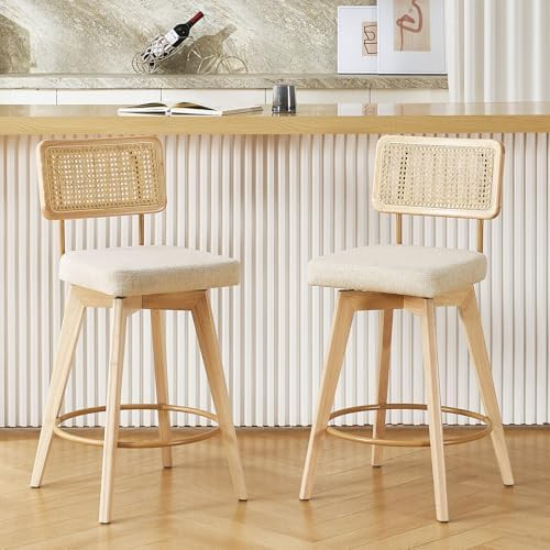 26” Natural Rattan Bar Stools, Swivel Solid Wood Counter Stool Set of 2, Upholstered Armless Ba... | Amazon (US)