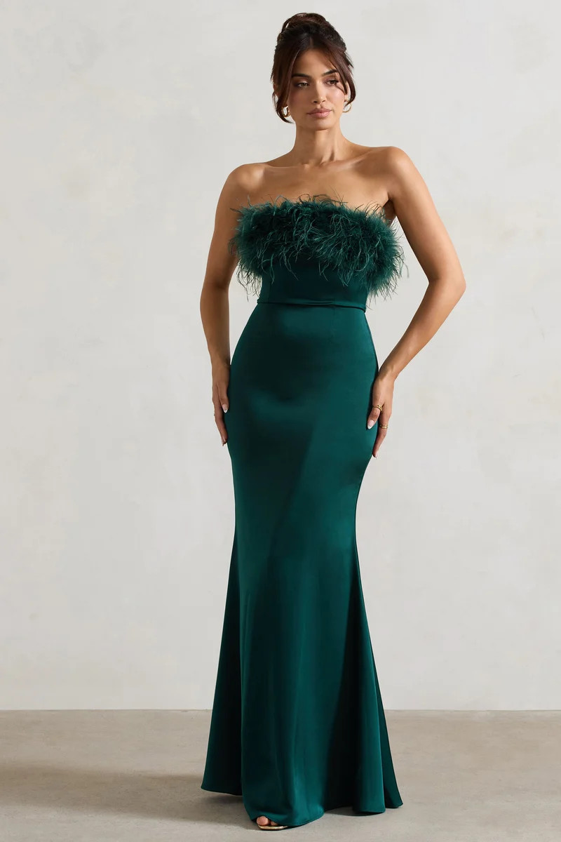 Dress For It  Bottle Green Satin Feather Trim Bandeau Maxi Dress | Club L London