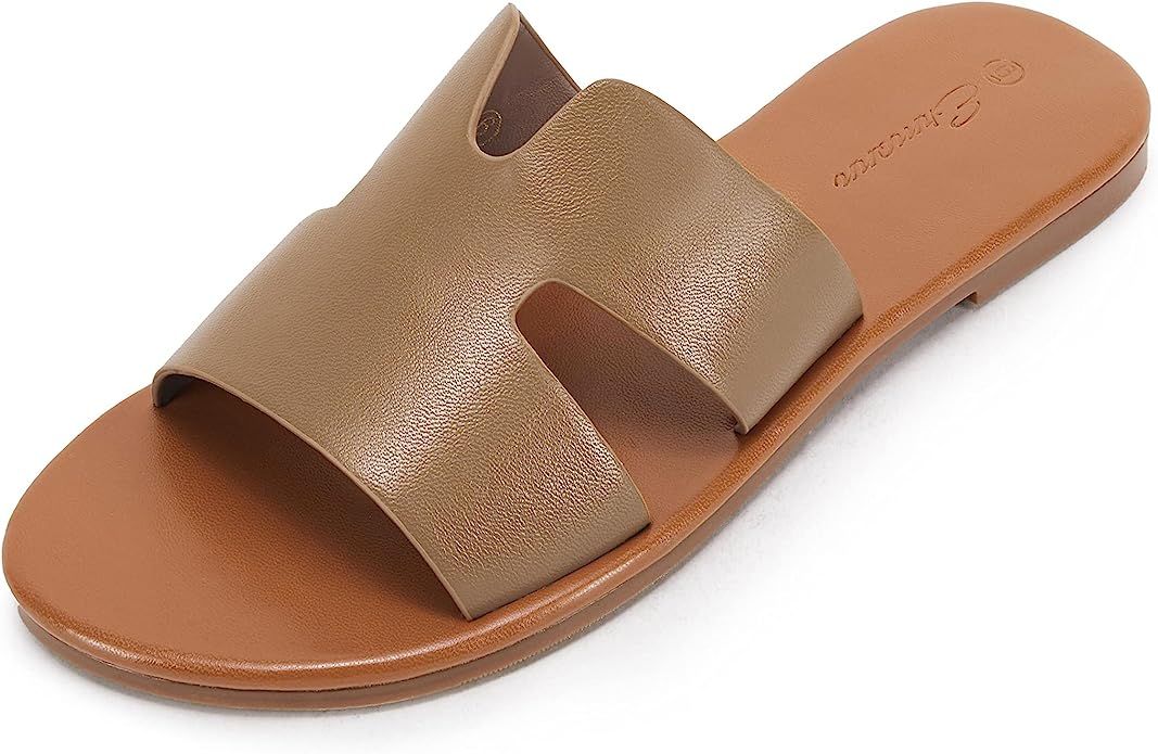 Ermonn Womens Faux Leather Strap Slide Sandals Cutout Slip On Open Toe Beach Comfort Sandals Summ... | Amazon (US)
