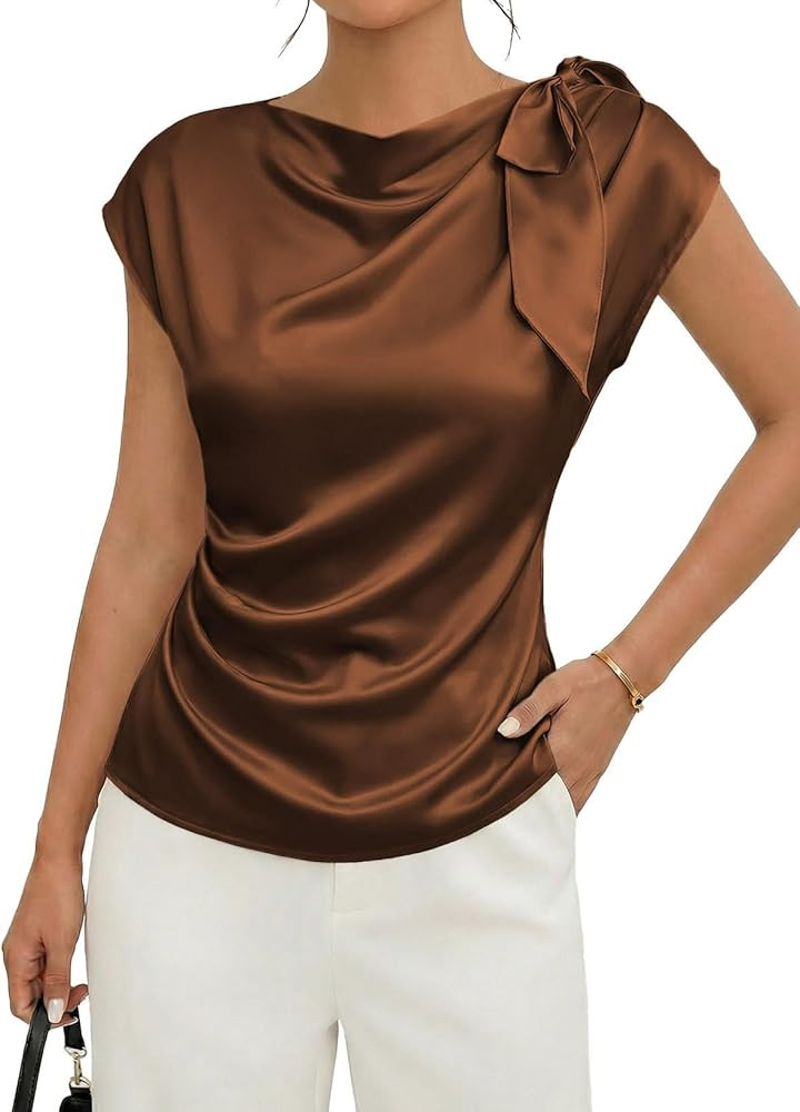 EVALESS Satin Blouses for Women Dressy Casual Trendy Business Work Silk Tops Outfits Cowl Neck Bo... | Amazon (US)