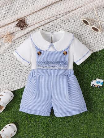 Baby Boys' Simple Retro Fashion Striped Overalls, Short Sleeve Shirt Combo | SHEIN USA | SHEIN