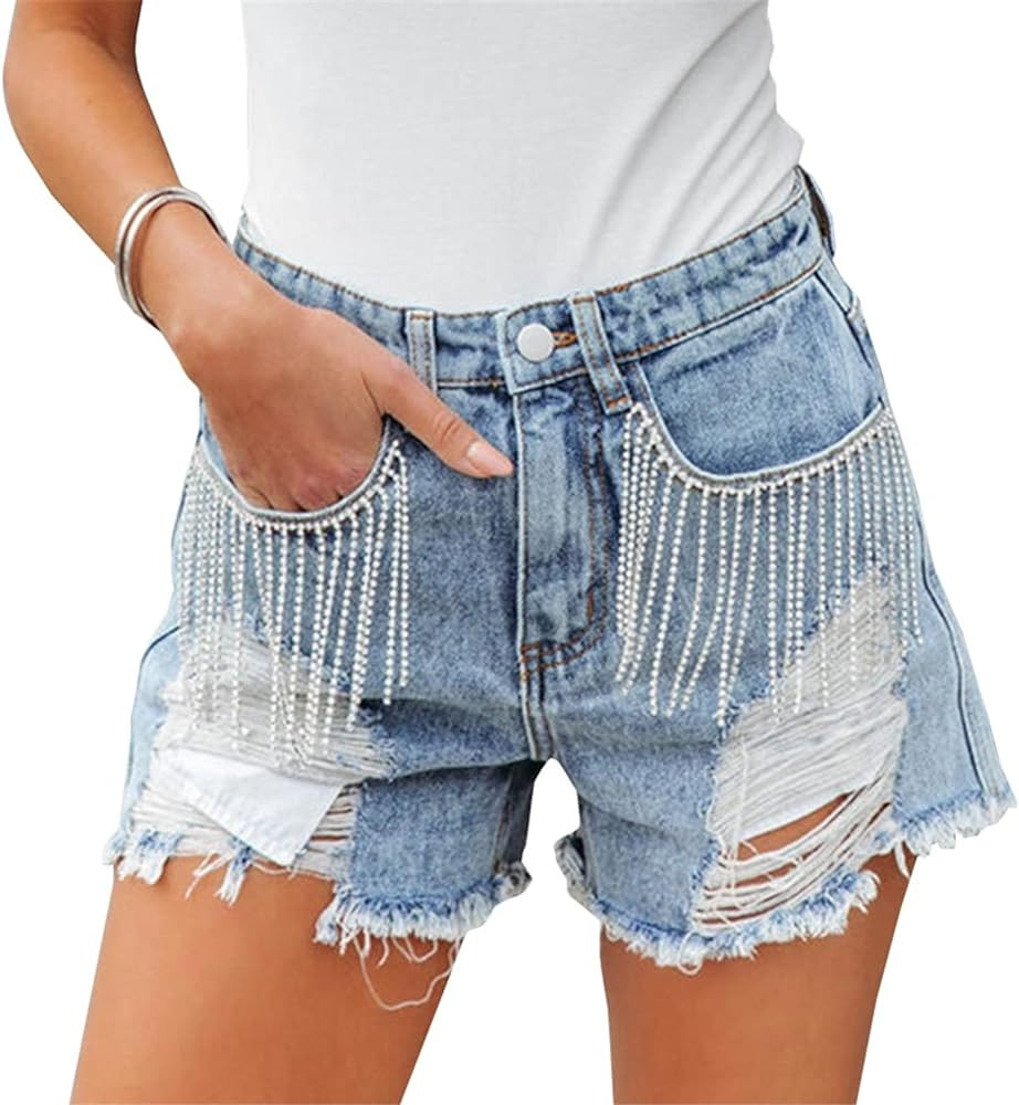 Cyparel Women's Rhinestone Denim Shorts Mid Waist Ripped Frayed Raw Hem Tessles Stretchy Jean Sho... | Amazon (US)