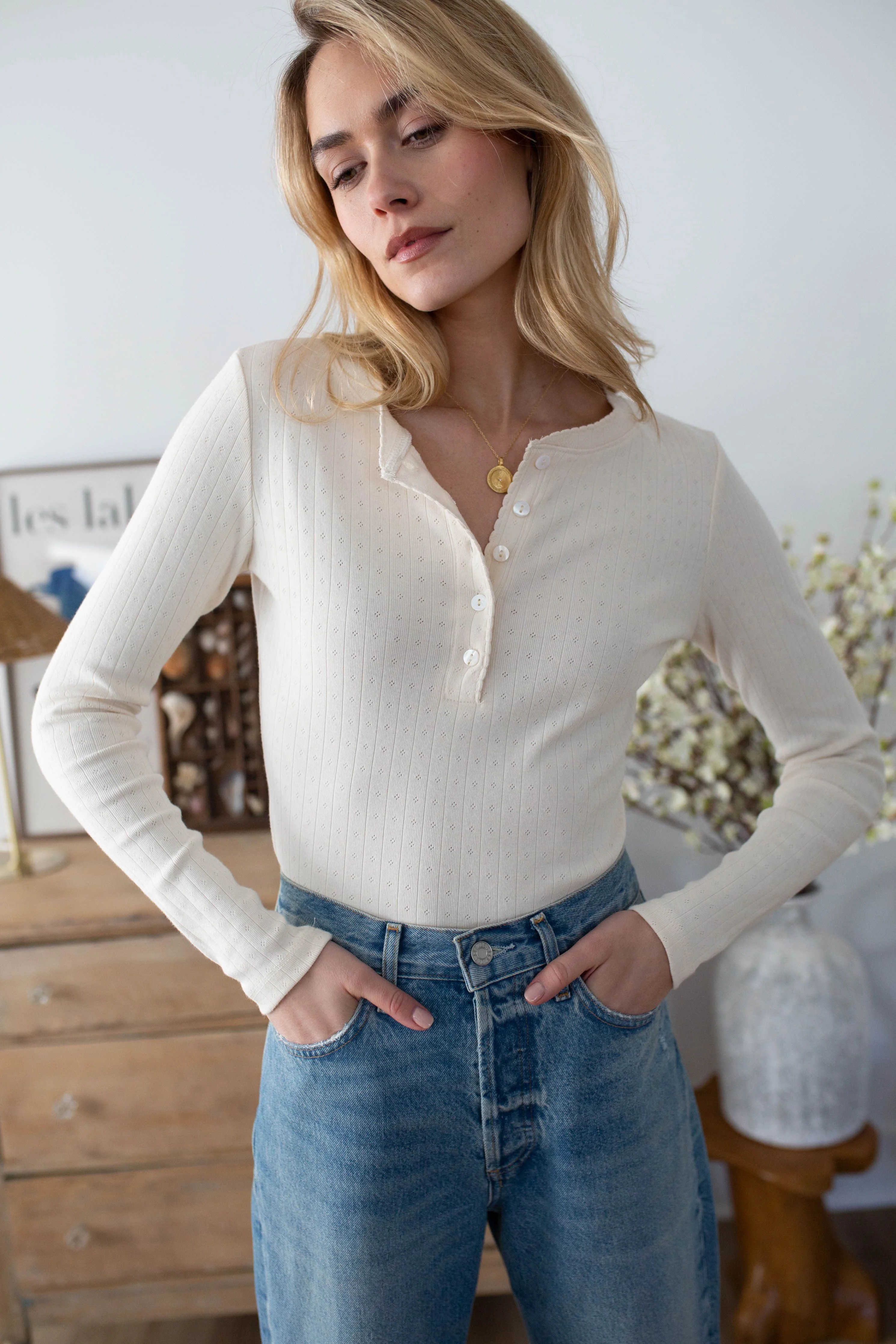 Pointelle Long Sleeve Henley - Ivory | Marea
