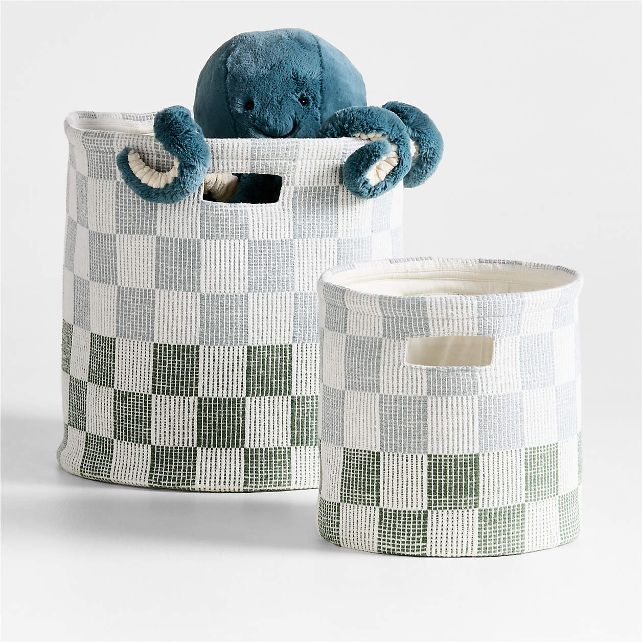 Hopscotch Mist Blue and Pine Green Checkerboard Shelf Storage Bin + Reviews | Crate & Kids | Crate & Barrel