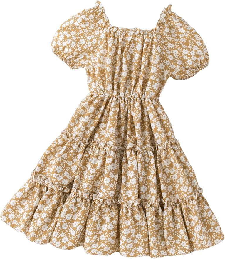 OYOANGLE Girls' Casual Ditsy Floral Print Short Puff Sleeve Square Neck Ruffle Hem Tiered Layer F... | Amazon (US)