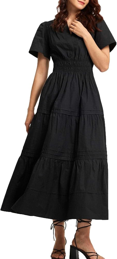 Women's Basic Plain Black Summer Dress Casual Long Maxi Short Sleeve Layered Cotton V Neck A Line... | Amazon (US)