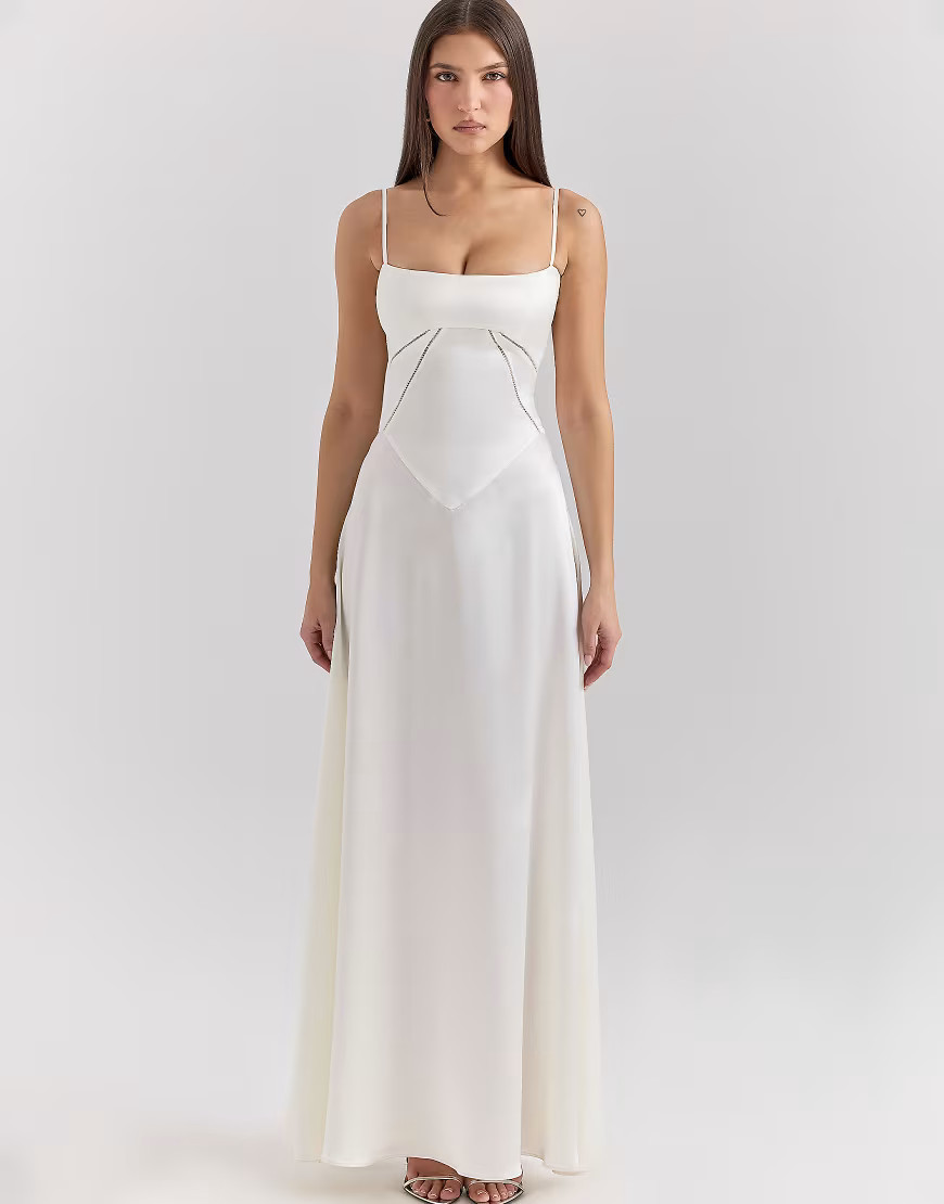 House of CB Anabella satin lace up maxi dress in ivory-White | ASOS (Global)