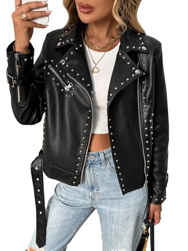 LY VAREY LIN Studded Faux Leather Moto Jacket Women Black PU Biker Coat with Rivets Punk Style (US, Alpha, Large, Regular, Regular, Black) | Amazon (US)