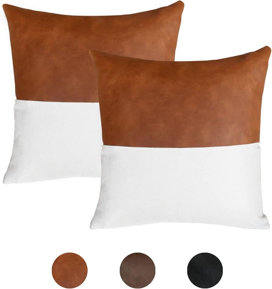Faromily Cognac Brown Leather Pillow Covers 18 x 18 inch Set of 2 Camel Faux Leather Accent Pillo... | Amazon (US)