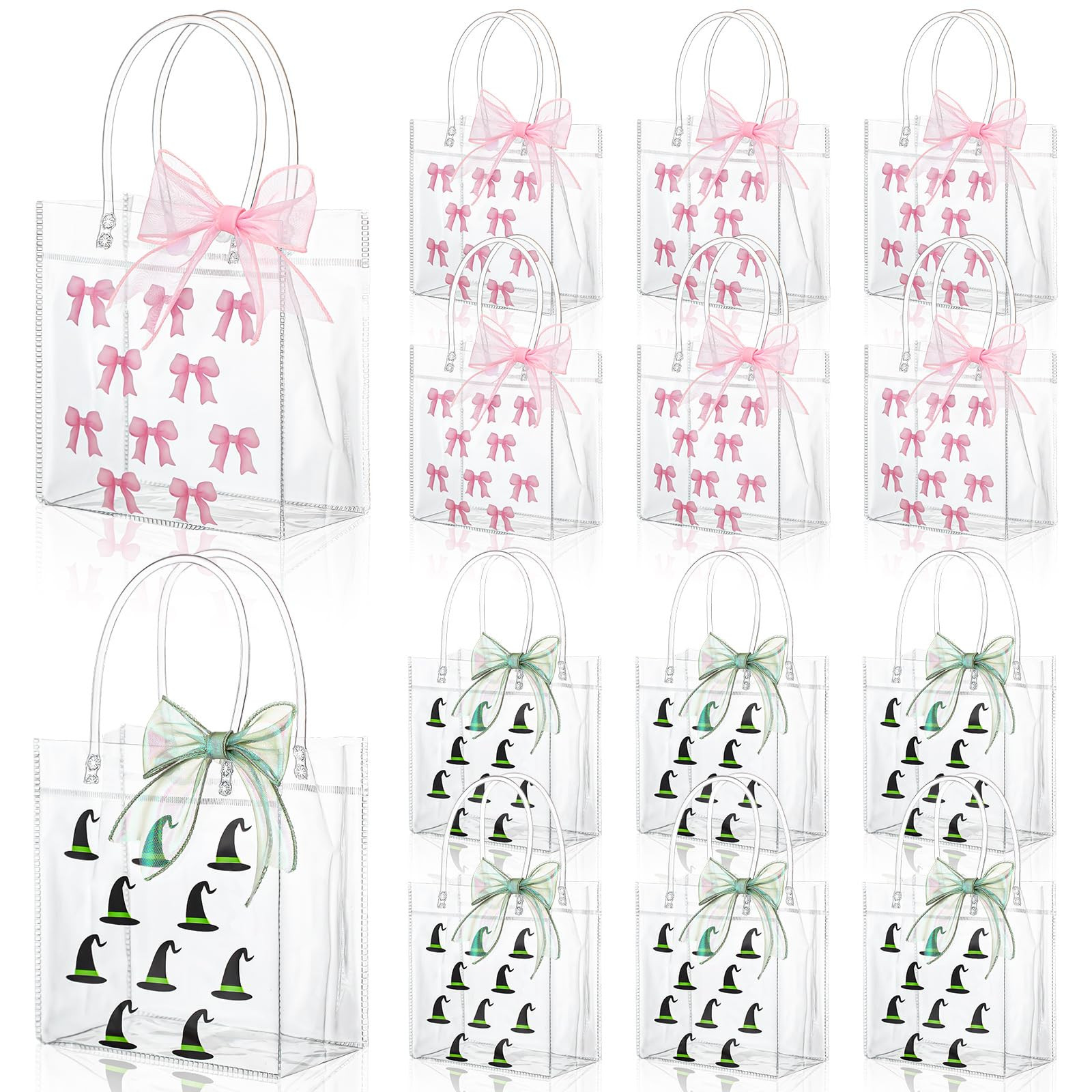Beeveer 12 Pcs Pink and Green Party Favor Gift Bags, Witch Themed Goodie Candy Treat Bags with Handles and 2 Rolls of Shiny Ribbons for Pink and Green Birthday Decorations Party Supplies | Amazon (US)
