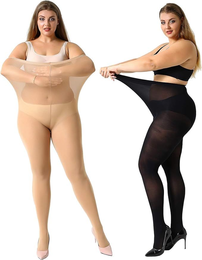 MANZI Women's 2 Pairs Plus Size Control Top Tights Ultra-Soft Panty Hose | Amazon (US)
