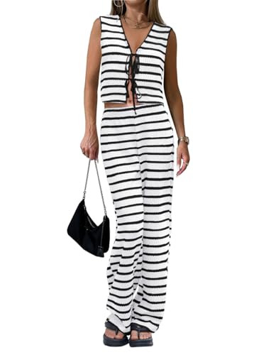 Tankaneo Womens Crochet Sets 2 Piece Outfits Tie Front Sleeveless Vest Tops Wide Leg Pants Striped Knit Y2K Matching Sets | Amazon (US)