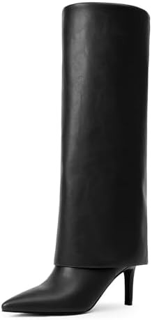 Knee High Boots Women Fold Over Boots Pointed Toe Stiletto Heel Long Shark Tall Boots with Zipper | Amazon (US)