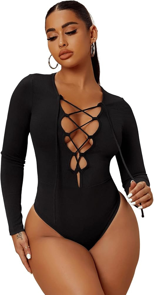 SheIn Women's Crisscross Front Deep V Neck Long Sleeve Ribbed Bodysuit | Amazon (US)