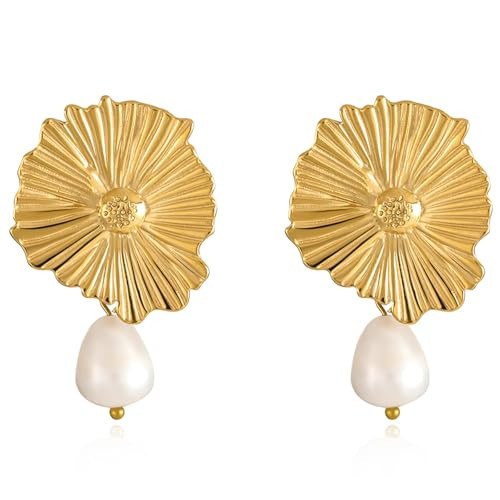 Gold Flower Statement Earrings for Women Chunky Sculptural Flower Pearl Stud Elegant Dangle Earrings 18K Gold Plated Trendy Fashion Jewelry Gifts | Amazon (US)