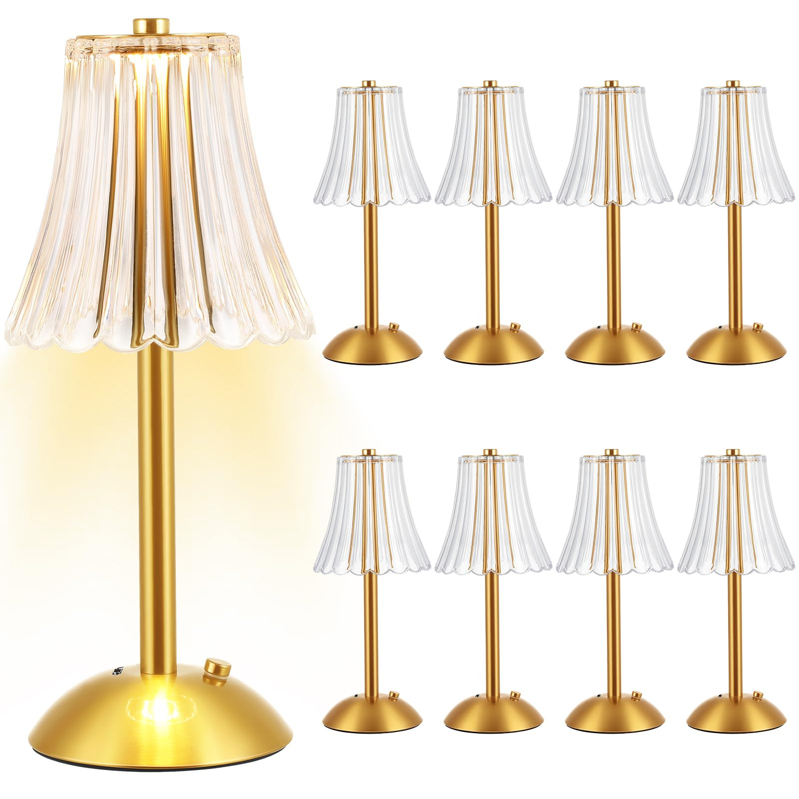 Liliful 8 Pcs LED Portable Cordless Table Lamp Touch Battery Operated Rechargeable Gold Desk Lamp 3 Color Dimmable for Bedroom Living Room Dining (Gold,Rose Style) | Amazon (US)