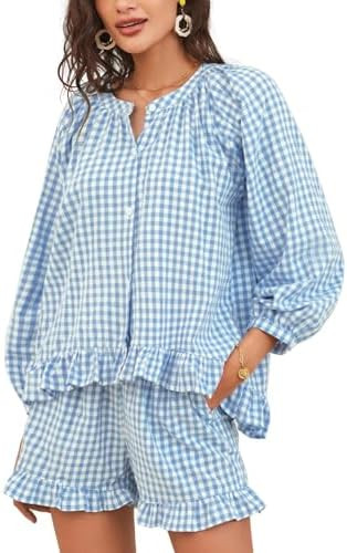 Flygo Women Gingham 2 Piece Pajama Sets Y2K Plaid Ruffle Short Sets Raglan Sleeve Shirt Lounge Sh... | Amazon (US)