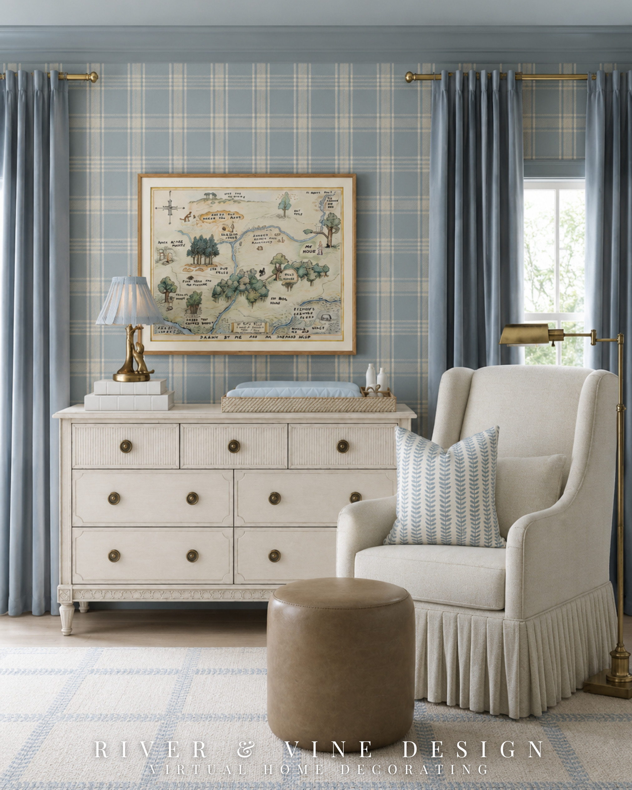 This is how to make a nursery feel calm, classic, and not overly babyish. Blue plaid wallpaper, soft drapery, a whitewashed dresser, brass lighting, a skirted glider, a patterned pillow, and a neutral ottoman all work together to create a room that feels layered now and can grow with them later.

A helpful starting point: choose one strong pattern, repeat the main color 2–3 times, mix in warm brass or wood tones, and balance the sweetness with simple tailored pieces. That’s what keeps a nursery from feeling flat or too theme-heavy.

Save this for blue nursery ideas, classic nursery decor, traditional nursery design, plaid wallpaper, nursery dresser styling, skirted glider chairs, brass floor lamps, neutral nursery furniture, and timeless baby room inspiration.

I may receive a small commission from purchases made through my links, at no additional cost to you. 

 #LTKHome