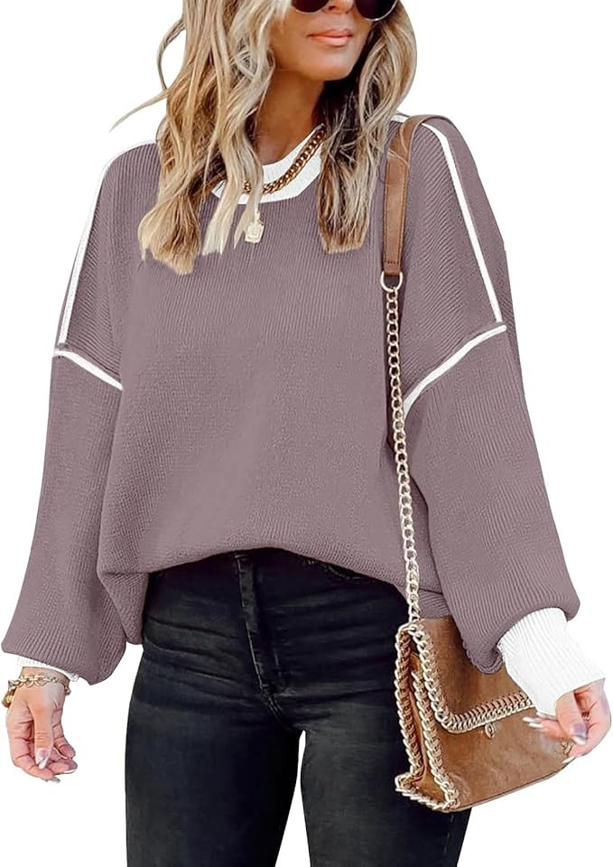 ETCYY Womens Oversized Sweaters Fall 2025 Fashion Clothes Trendy Batwing Sleeve Colorblock Stripe... | Amazon (US)
