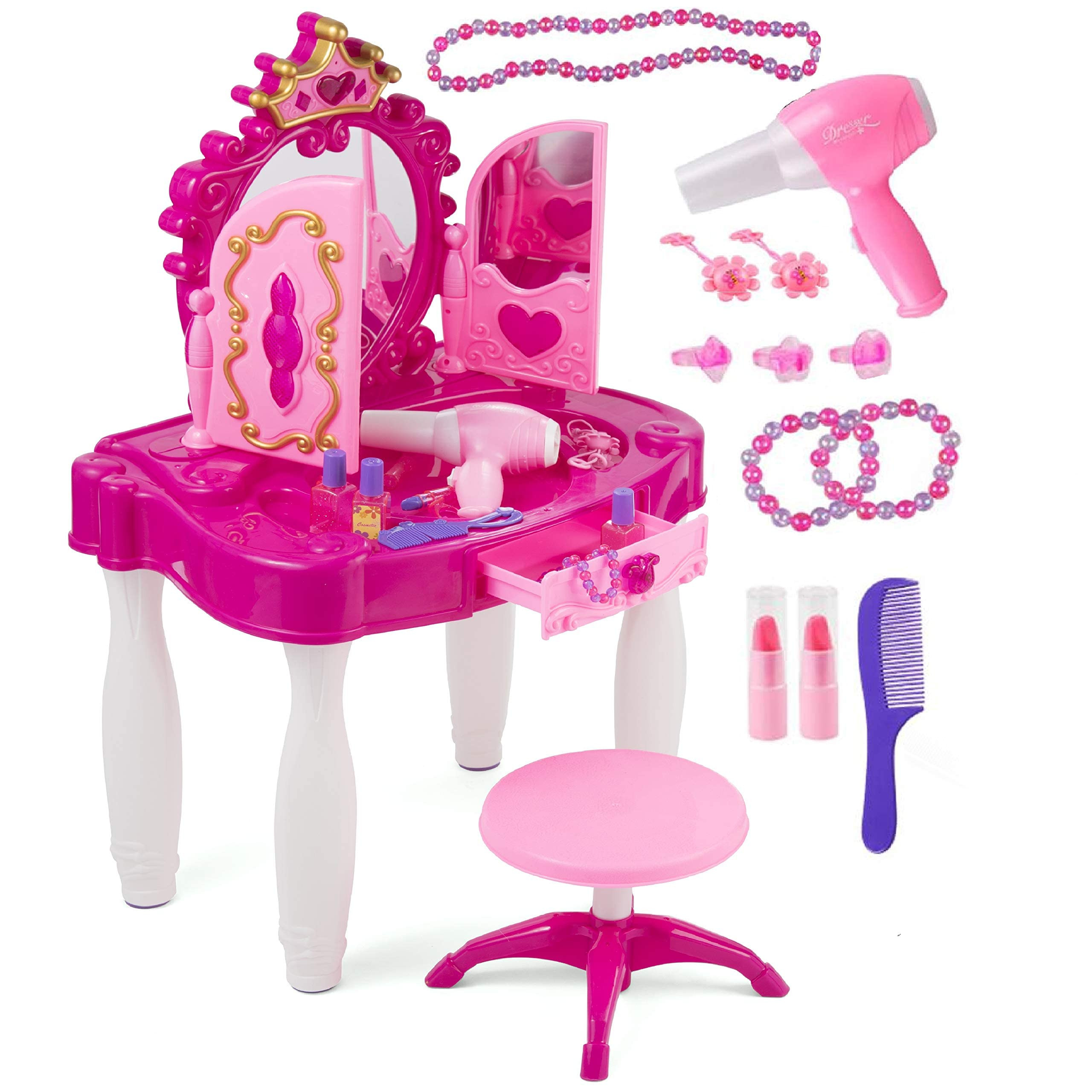 Prextex Kids Makeup Table with Mirror and Chair, Princess Play Set, Kids Makeup Vanity Table with... | Amazon (US)