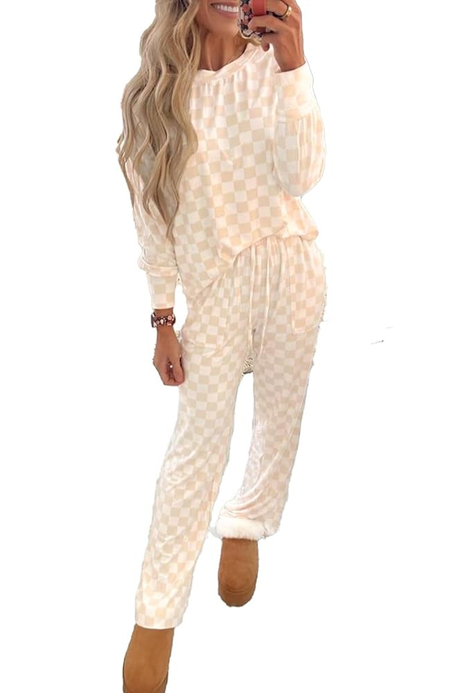 KevaMolly Womens Plaid Pajama Sets Checkered Print Long Sleeve Lace-up Loose Fit Lounge Set Long ... | Amazon (US)