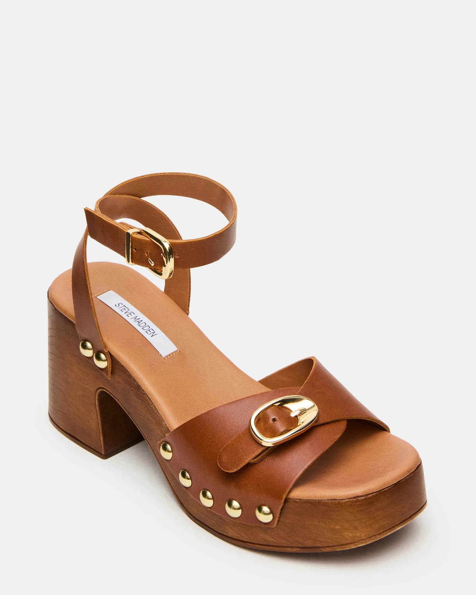 KRUISE Tan Leather Buckle Studs Platform Block Heel Women's Sandal | Steve Madden (US)
