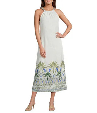 Petite Size Floral Brisia Border Print Halter Neck Sleeveless Midi Dress | Dillard's