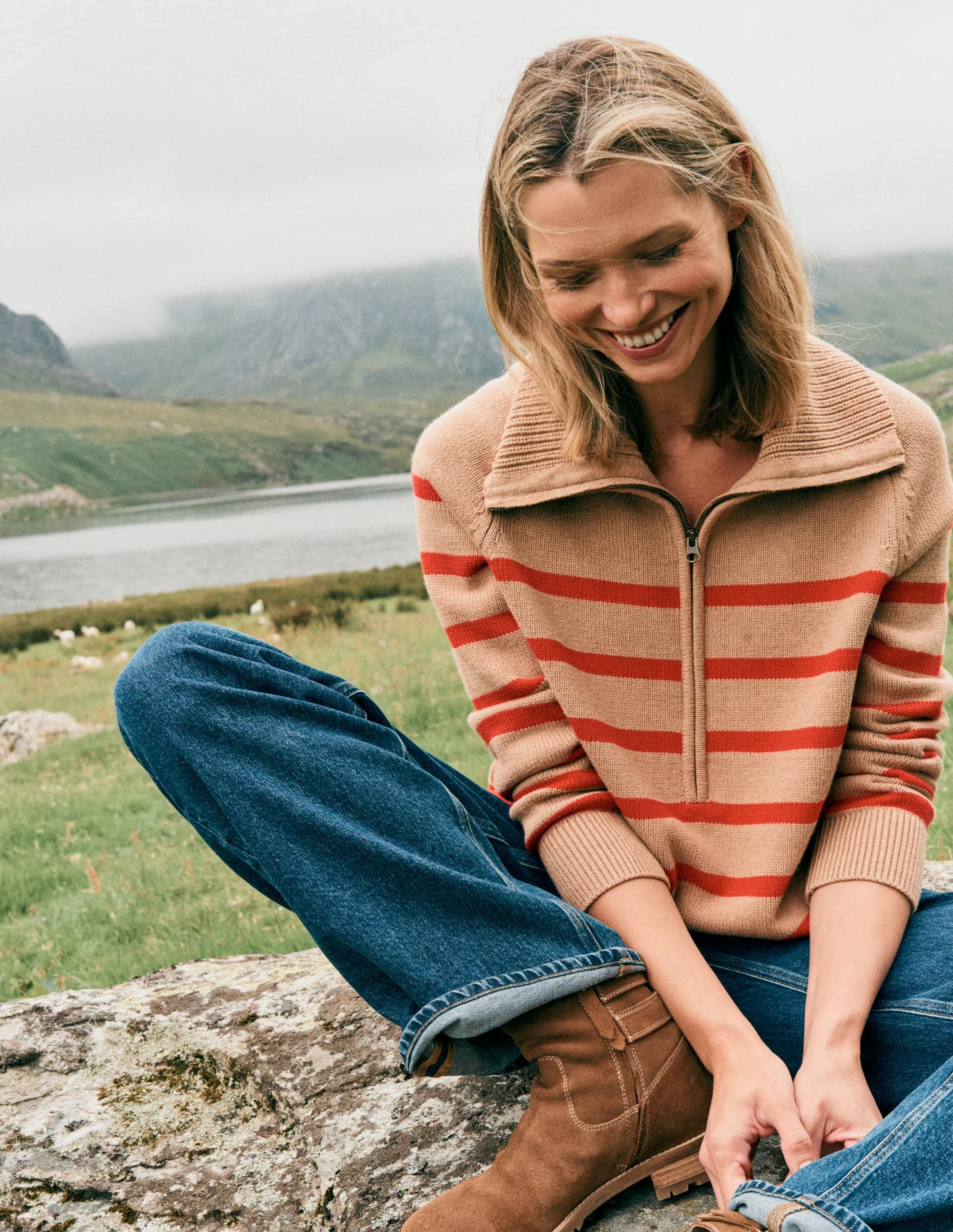 Lucy Half-zip Sweater-Camel Melange, Red Stripe | Boden (US)