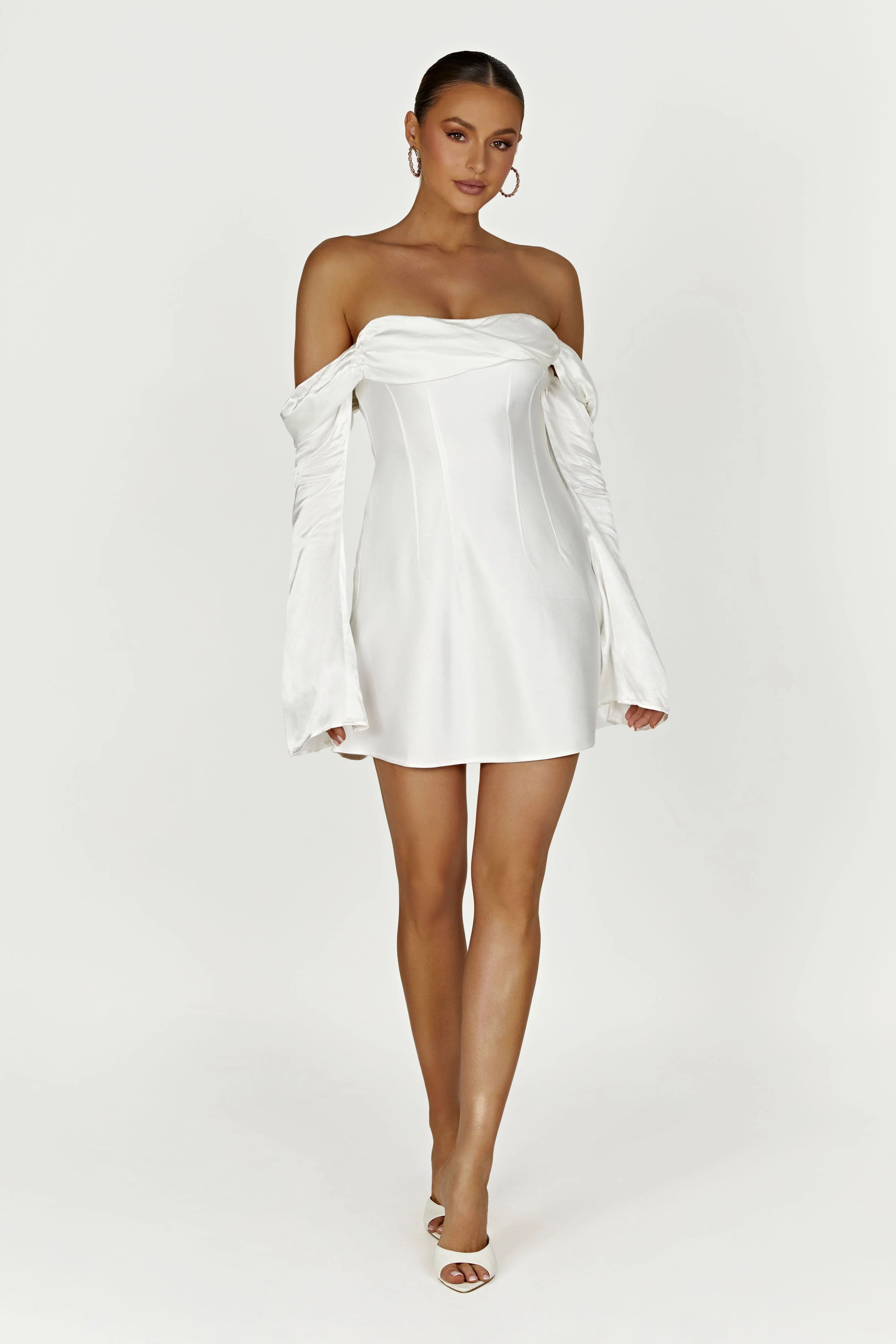 Giselle Off Shoulder Satin Mini Dress - White | MESHKI US