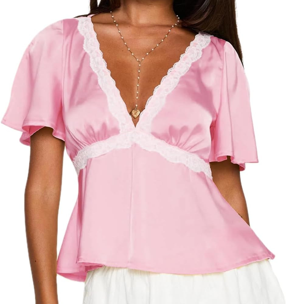 Mxiqqpltky Women's Y2K Satin Blouse Sexy Lace Trim Deep V Neck Short Sleeve Ruffle Crop Top Casua... | Amazon (US)