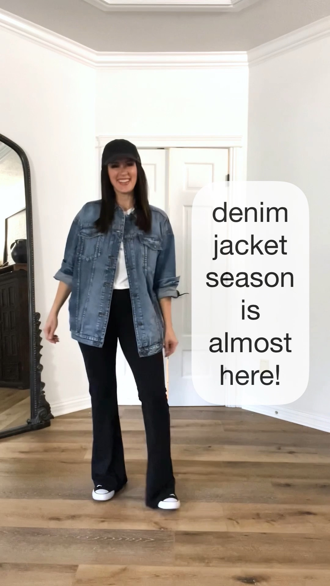 Casual weekend look!

Sizing:
Denim jacket-oversized, medium 
Tee-small
Yoga flares-tts, wearing medium
Shoes-TTS

Casual look | yoga pants | weekend outfit | aerie | denim jacket | boyfriend jacket | converse chucks low top | 



#LTKstyletip #LTKunder100 #LTKunder50