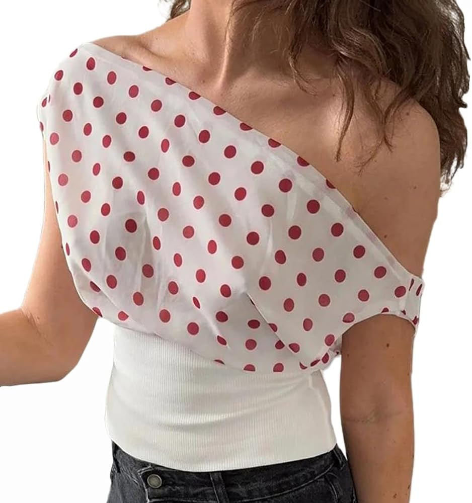 Women Sexy Polka Dot Off Shoulder Crop Top Mesh Patchwork Backless Tie-up Tank Y2K Going Out Cors... | Amazon (US)