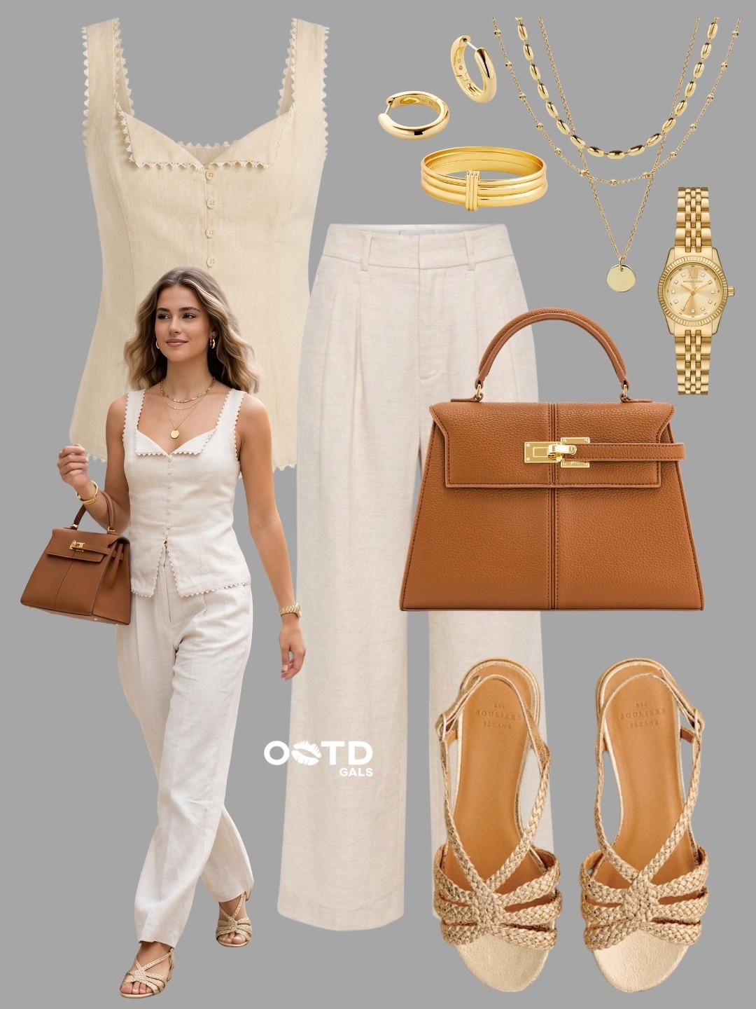Soft neutrals with a luxe summer feel 🤍✨

This look is elegant, airy, and effortlessly refined with warm caramel accents that elevate the entire outfit.

Minimal, feminine, and timeless.

✨ Style Details:
• Linen-inspired button-front top with delicate trim details  
• Relaxed cream trousers for an easy, polished silhouette  
• Structured caramel handbag with gold hardware for a sophisticated touch  
• Woven heeled sandals to add texture and warmth  
• Layered gold jewelry for a subtle glow  
• Neutral palette that feels fresh, elevated, and endlessly chic  

The perfect outfit for dinners, vacations, and warm summer days ✨

#LTKStyle #NeutralStyle #SummerChic

#LTKstyletip #LTKsummer #LTKtravel