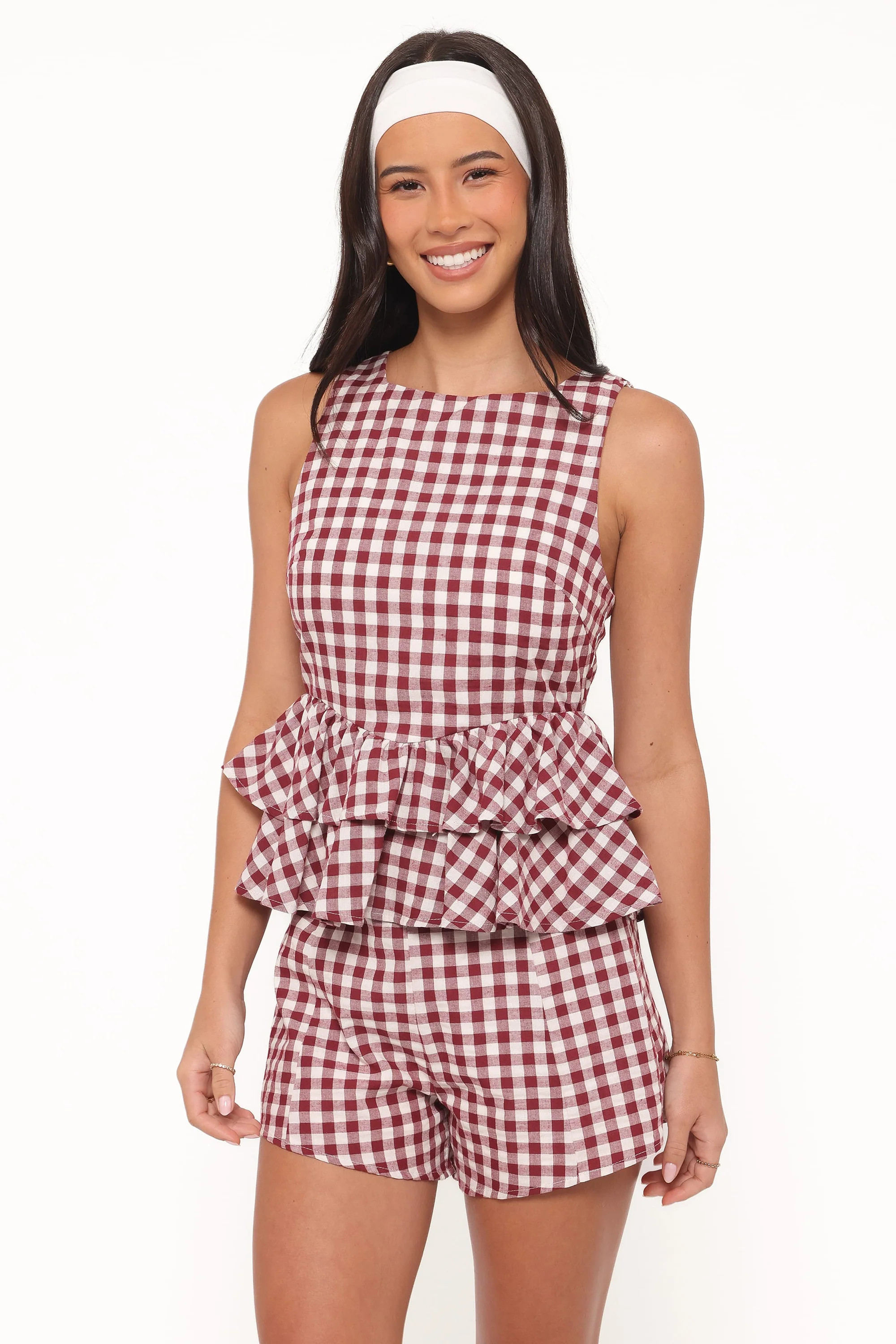 Landon Tiered Peplum Top - Burgundy Gingham | Petal & Pup (US)