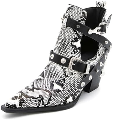 Aflngle Women's Chunky Heel Block Snakeskin Printed Ankle Boots Pointed Closed Toe Cutout Low Hee... | Amazon (US)