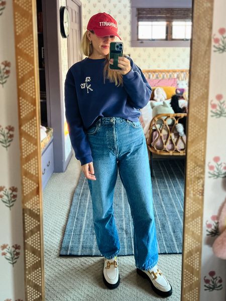 Casual Outfit of the day - chunky loafers, reformation denim jeans, j.Crew new arrival spring flower sweatshirt (on sale this weekend!), Carhartt baseball hat, Amazon gold earrings
❤️ Claire Lately 

#LTKsalealert