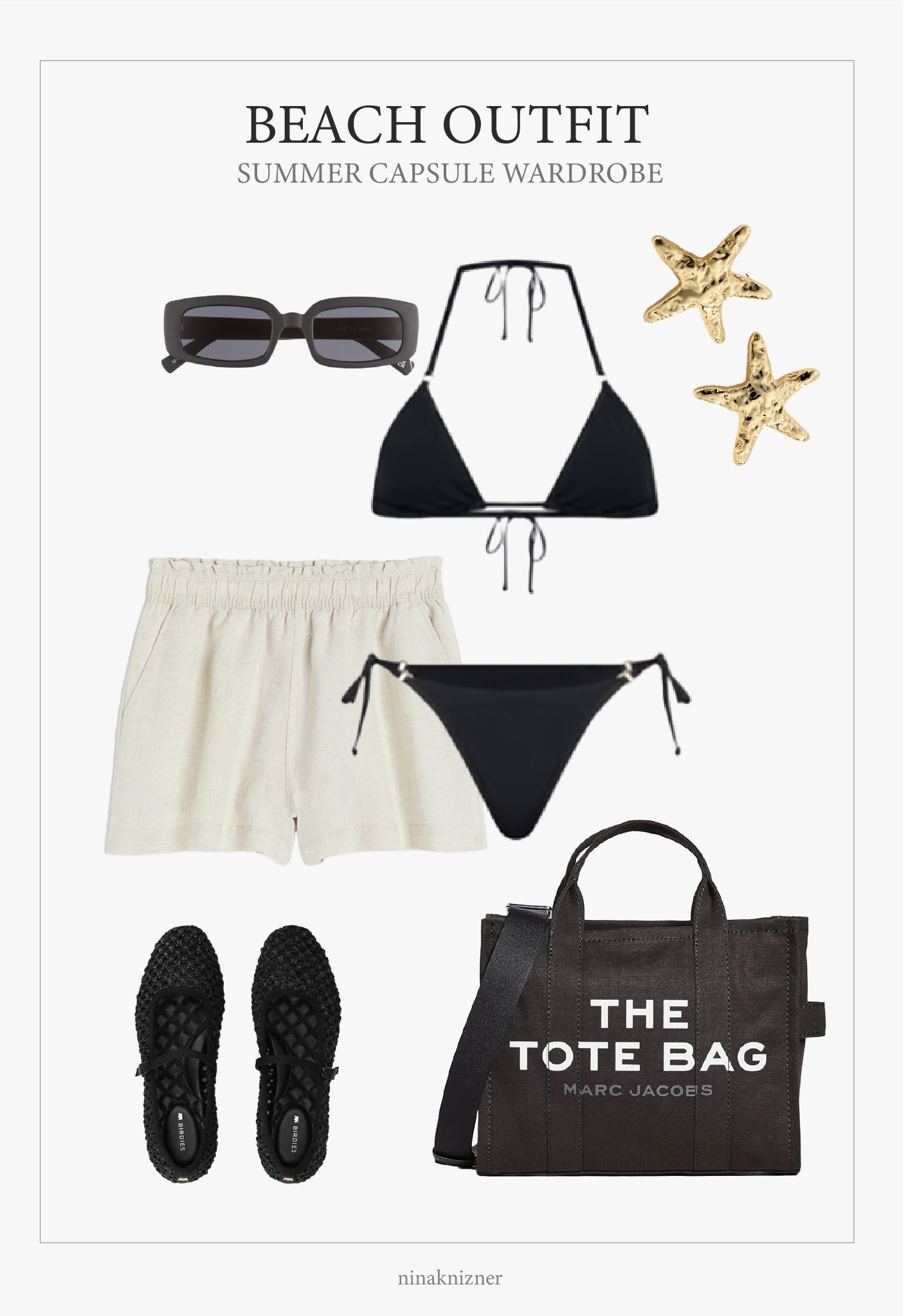 Casual and neutral summer outfit for sunny days by the beach. Black bikini set by my favorite swim brand; Lspace. Paired with a well fitted linen short, a roomy canvas tote bag, and a super comfy straw mary jane by Birdies.

Must have summer accessories of the season are black, rectangular sunglasses and gold starfish earrings as a statement piece.

#beachoutfit #summeroutfit
#capsulewardrobe #modernluxe #quietluxury #neutraloutfits

#LTKSeasonal #LTKStyleTip #LTKSwim