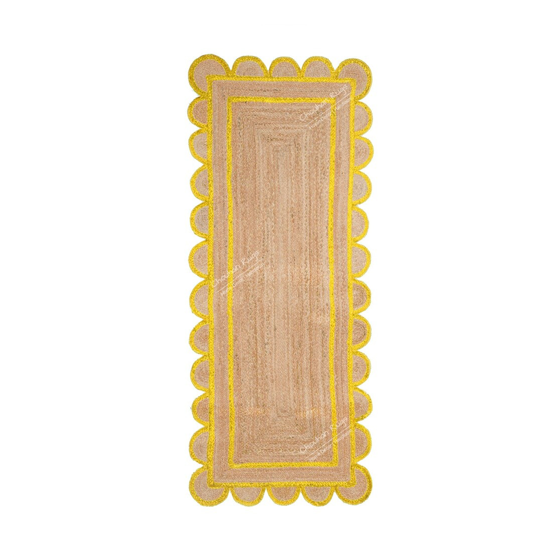 Hand Braided Natural Jute Scallop Runner Rug With Yellow Border, Jute Runner Rug, Hallway Runner ... | Etsy (US)